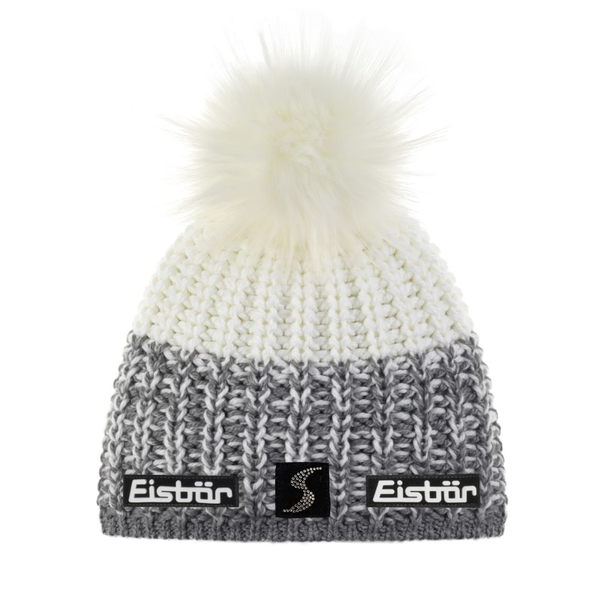 Berretto Eisbär Focus Lux MÜ In Lana Merino Per Donna - Grigio/Bianco Con Pompon In Pelliccia Sintetica - Caldo E Traspirante