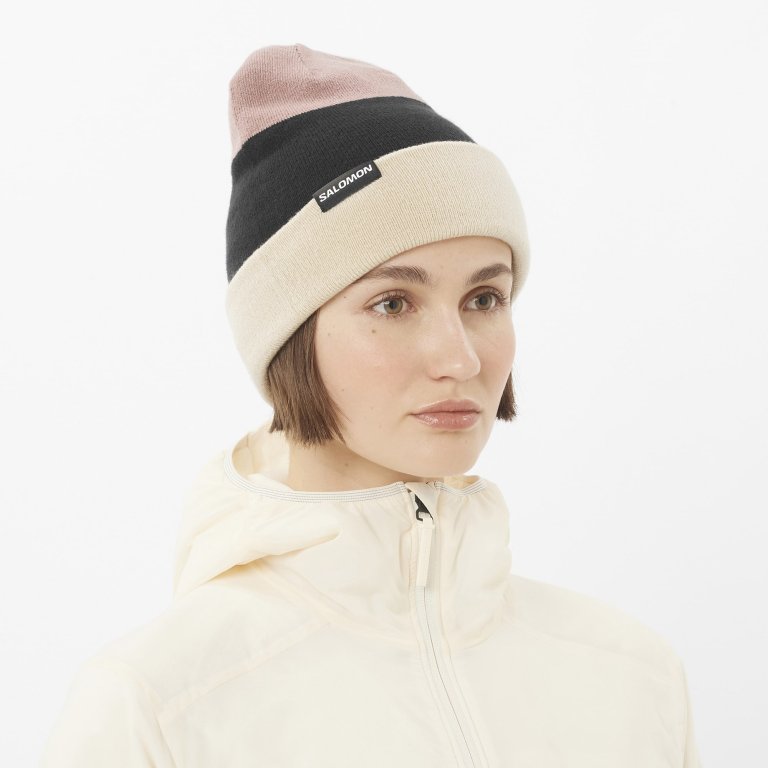 Шапка Salomon Flatspin Reversible Beanie - бежево/чорно/рожевв