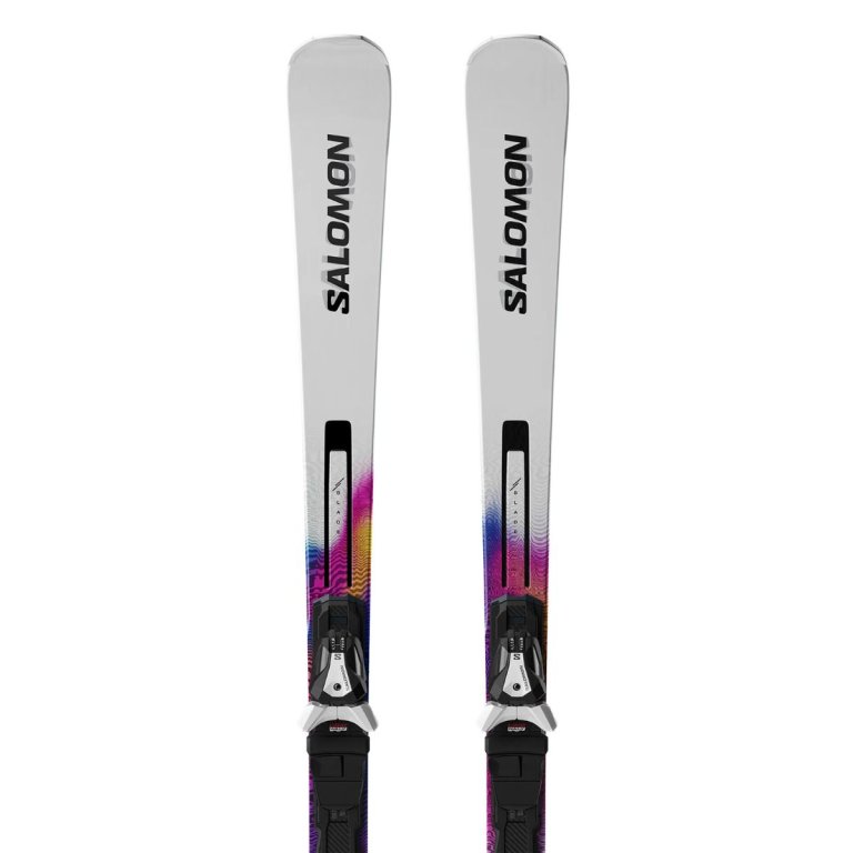 Lyže Salomon E Addikt Pro 66 + Mi12 GW F80 - bílá/modrá/růžová